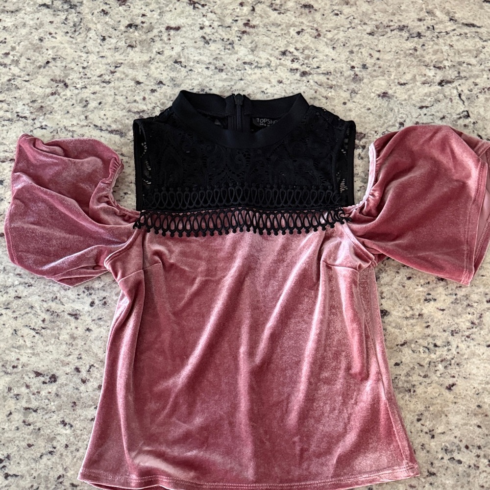 TOPSHOP Rose Pink Velvet Cold-Shoulder Top with Black Lace Yoke - Picture 2 of 8